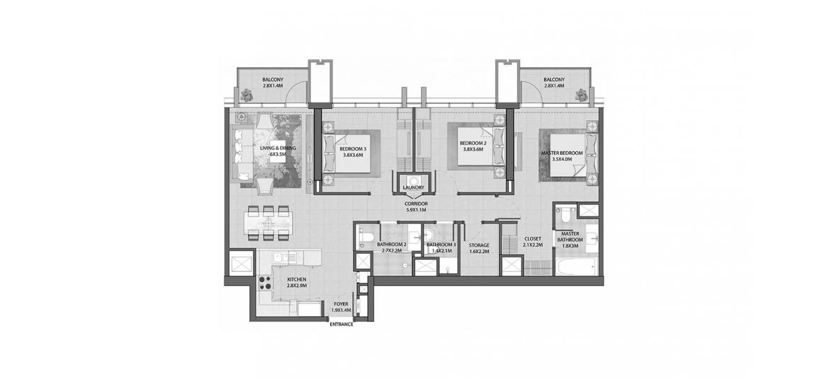 Floor plan «BURJ ROYALE 3BR 125SQM», 3 bedrooms in BURJ ROYALE
